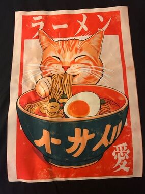 Black Cat Ramen Graphic Tee - Orange Cat Design